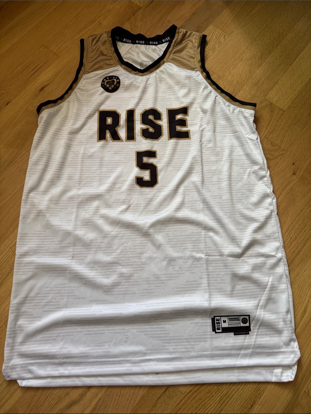 RISE White & Gold Basketball Jersey - Number 5